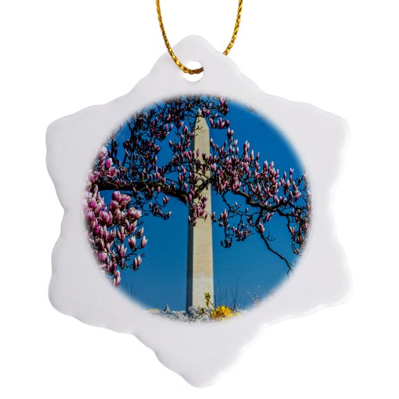 3drose, Washington Dc. Washington Monument Springtime with Blooming Trees., 3 inch Snowflake Porcelain Ornament