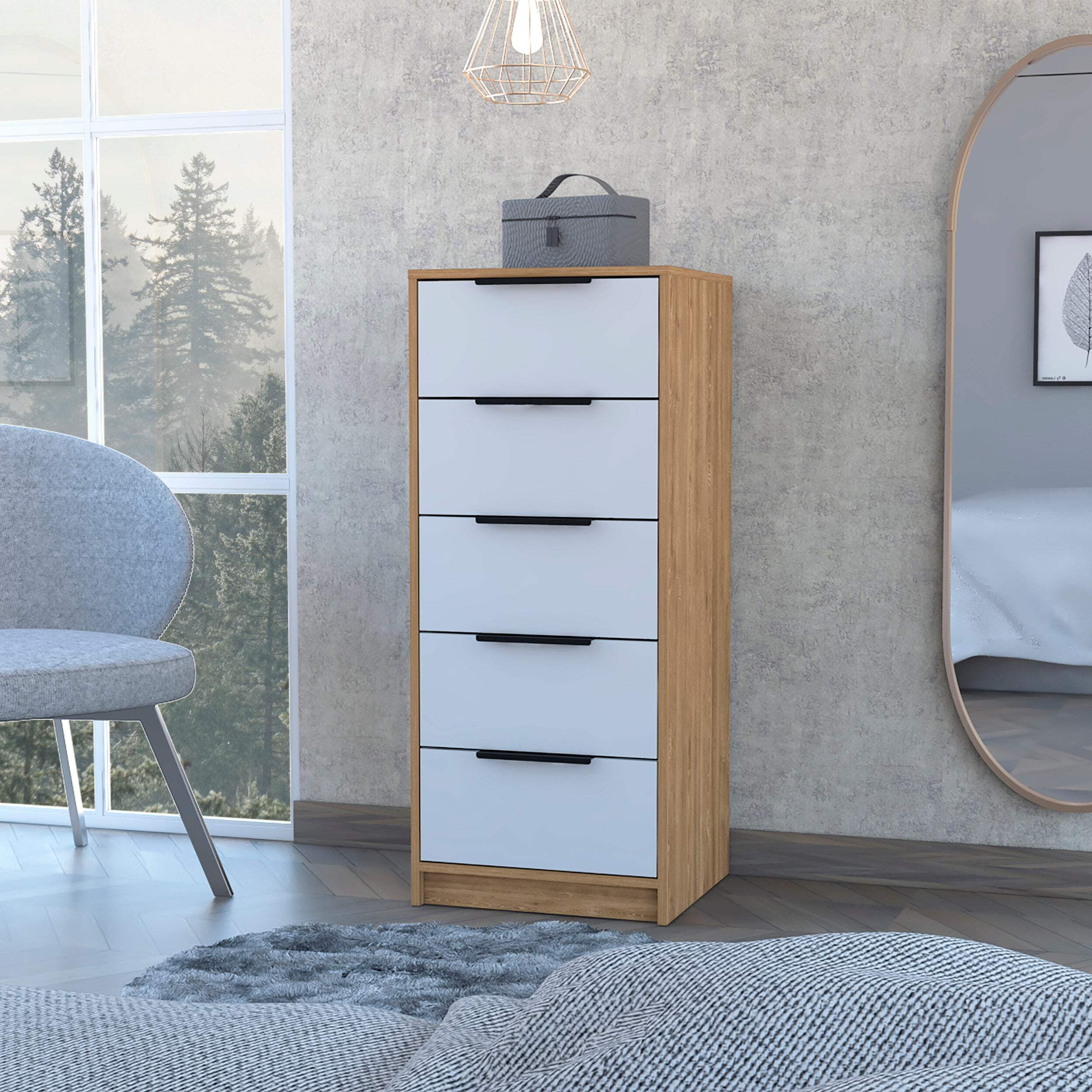 White and Light Oak 5-Drawer Tall Dresser
