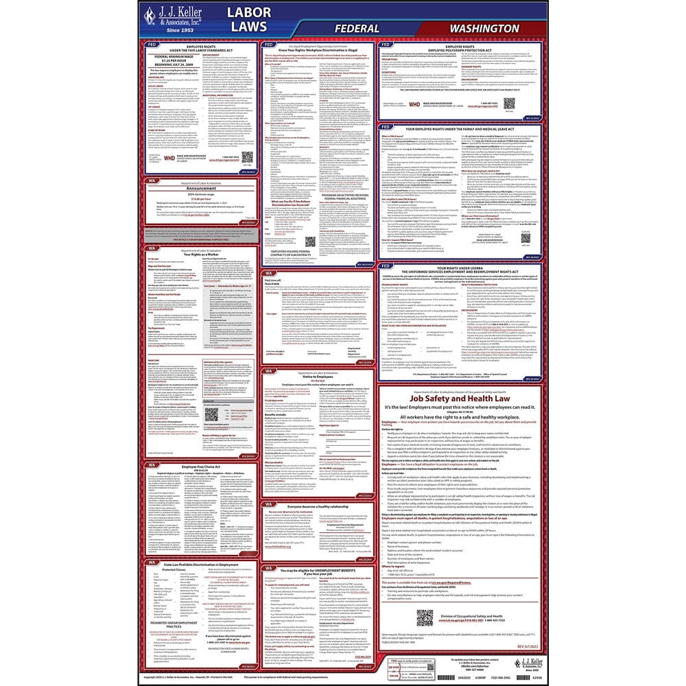 Washington Labor Law Poster, All-in-One Compliant WA State & Federal Laminated Poster (24" x 40" English)