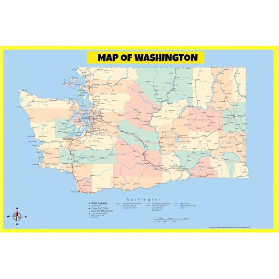 Washington Map Poster - Laminated Wall Map - Style A - 20x30 - Ideal for Classrooms and Homes – Features Bright Colors and Vivid Imagery
