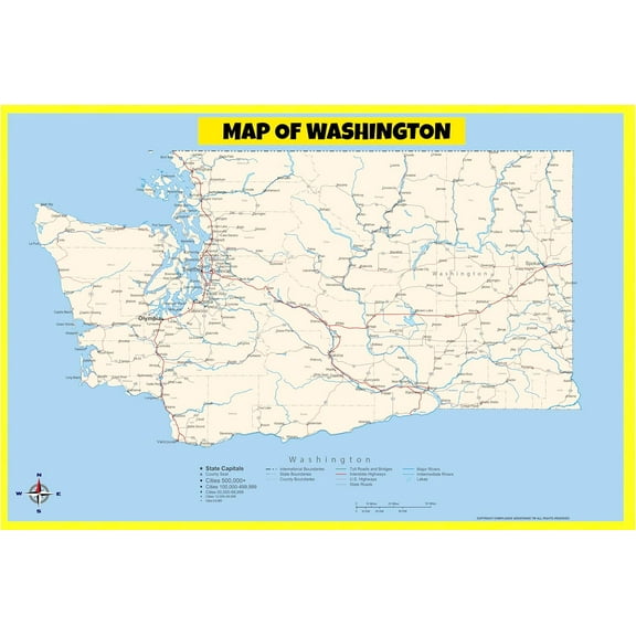 Washington Map Poster - Laminated Wall Map - Style B - 36x60 - Ideal for Classrooms and Homes – Features Bright Colors and Vivid Imagery