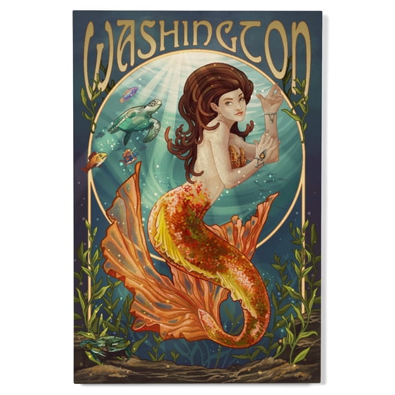 Washington, Mermaid Birch Wood Wall Sign (12x18 Rustic Home Decor, Ready to Hang Art)