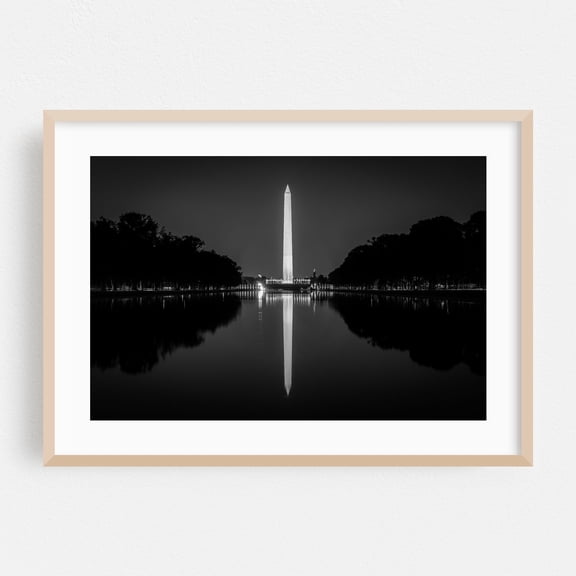 The Washington Monument 01 B&W - Washington District of Columbia Photography Black and White Architecture Night Sky Cityscape Minimalist Oak Framed Wall Art Print 5 x 7 inches