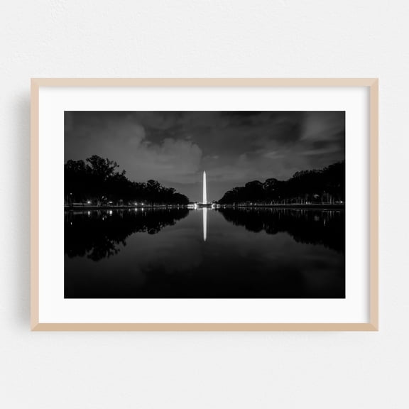 Washington Monument 01 B&W - Washington District of Columbia Photography Black and White Night Sky Landscape Cityscape Architecture Oak Framed Wall Art Print 5 x 7 inches