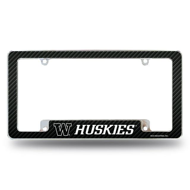 Washington NCAA Huskies Chrome Metal License Plate Frame with Carbon Fiber Design
