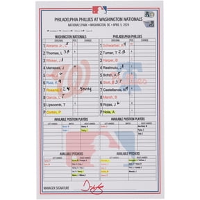 Washington Nationals Game-Used Lineup Card vs. Philadelphia Phillies on April 5, 2024 - Fanatics Authentic Certified