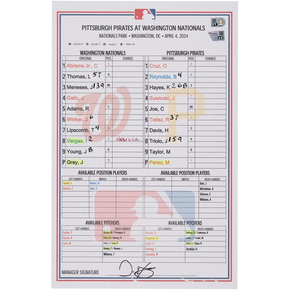 Washington Nationals Game-Used Lineup Card vs. Pittsburgh Pirates on April 4, 2024 - Fanatics Authentic Certified