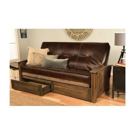 Washington Rustic Walnut Futon Frame with Oregon Trail Java Mattress & Storage Drawers - Full Size