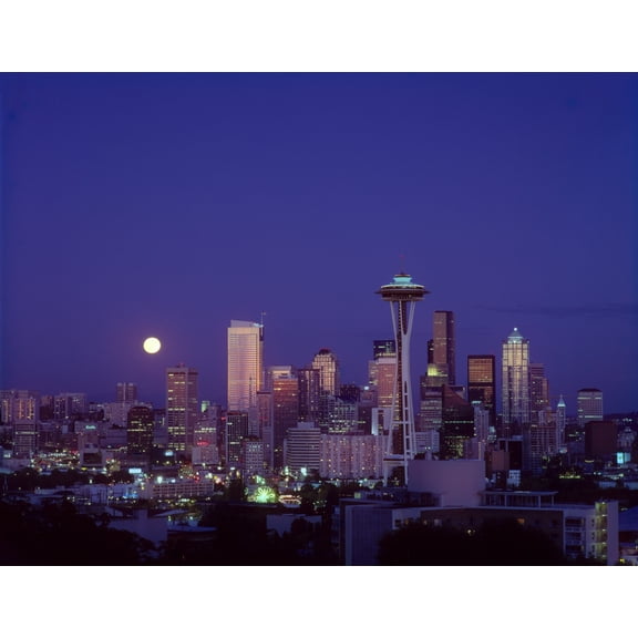 Washington Seattle Downtown Skyline With Moonrise Twilight Overview A50E Canvas Art - Greg Vaughn Design Pics (17 x 13)