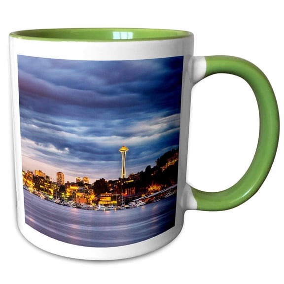 3drose, Washington, Seattle, Evening Light over Seattle Downtown., 11oz Two-tone Green Mug