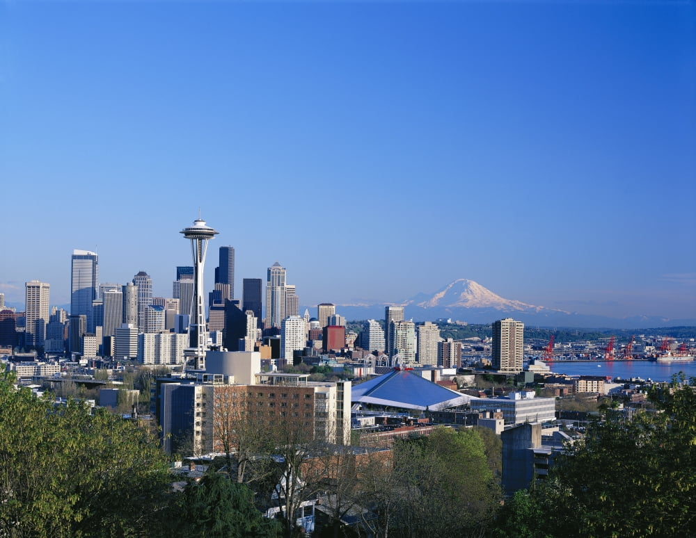 Washington Seattle Skyline With Space Needle And Snowcapped Mount Hood In Background Blue Sky Canvas Art - Greg Vaughn Design Pics (17 x 13)