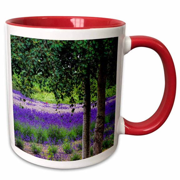 3drose, Washington, Sequim, Lavender Field in Full Boom with Trees, 11oz Two-tone Red Mug