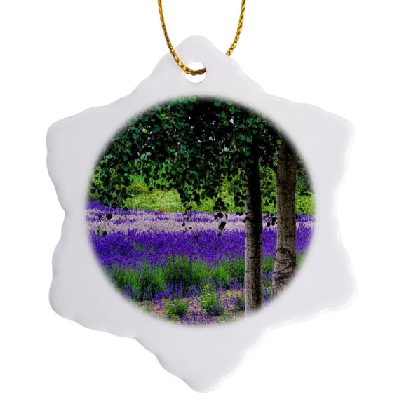 3drose, Washington, Sequim, Lavender Field in Full Boom with Trees, 3 inch Snowflake Porcelain Ornament