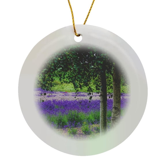 3drose, Washington, Sequim, Lavender Field in Full Boom with Trees, Circle Porcelain Ornament