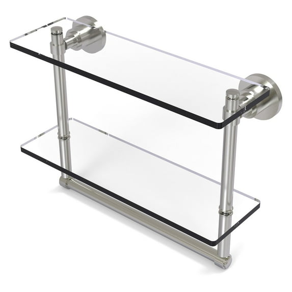 Washington Square Collection Two Tiered Glass Shelf with Integrated Towel Bar - Satin Nickel / 22 Inch