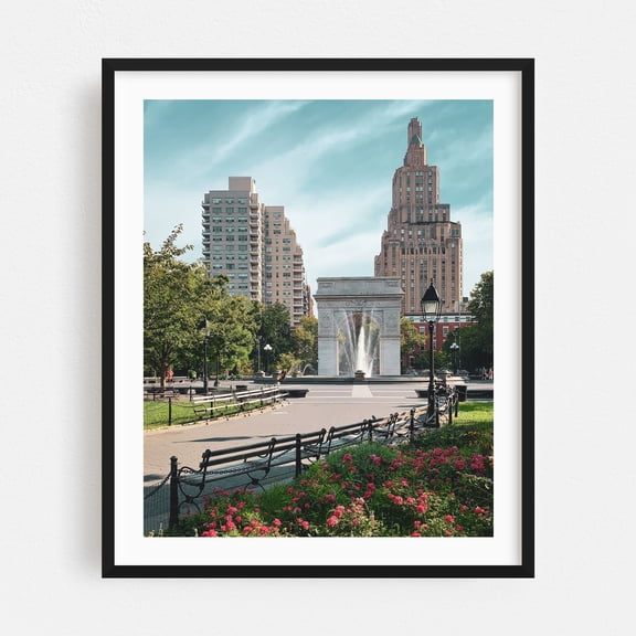 Washington Square Park - Manhattan New York Photography City Architecture Art Deco Fountain Travel Poster Black Framed Wall Art Print 12 x 16 inches