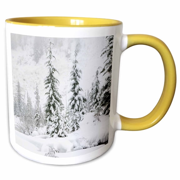 3drose, Washington State, Central Cascades. Snow Covered Fir Trees, 11oz Two-tone Yellow Mug