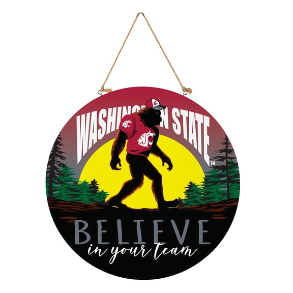 Washington State Cougars 18" Bigfoot "Believe in Yourself" Team Logo Wood Round Door Sign