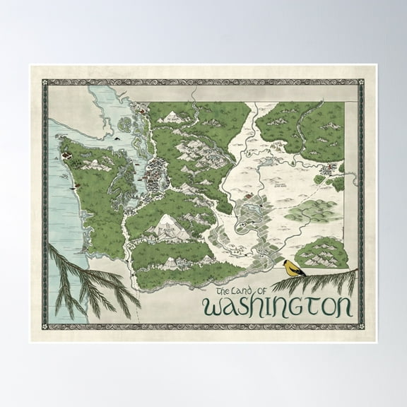 Washington State Fantasy Map Poster Wall Art Modern Wall Decor