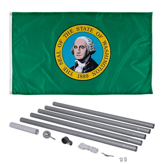 Washington State Flag and 20ft Flagpole with PVC Ground Insert Included - 3ft x 5ft Knitted Polyester Flag, State Flag Collection, Flag Printed in The USA