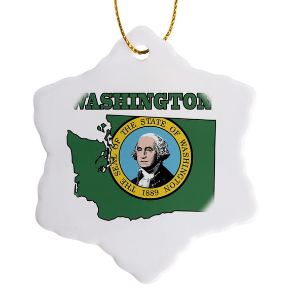 3drose, Washington State Flag in the Outline Map and Letters for Washington, 3 inch Snowflake Porcelain Ornament