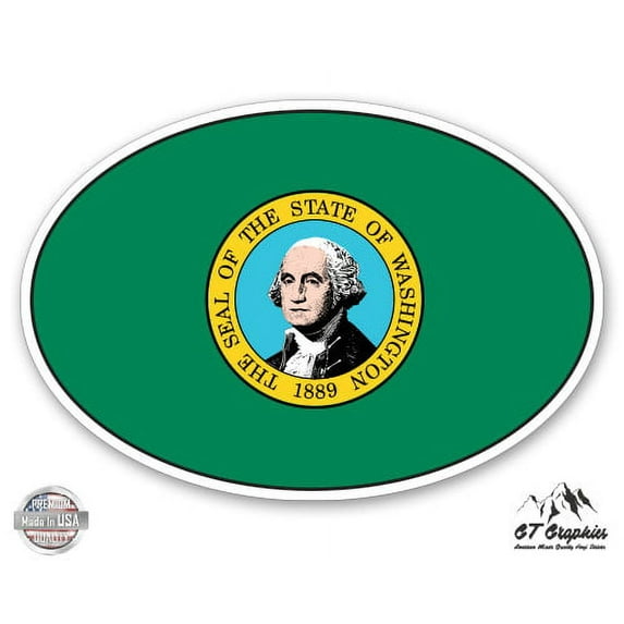 Washington State Flag Oval - 3" Vinyl Sticker - For Car Laptop I-Pad Phone Helmet Hard Hat - Waterproof Decal