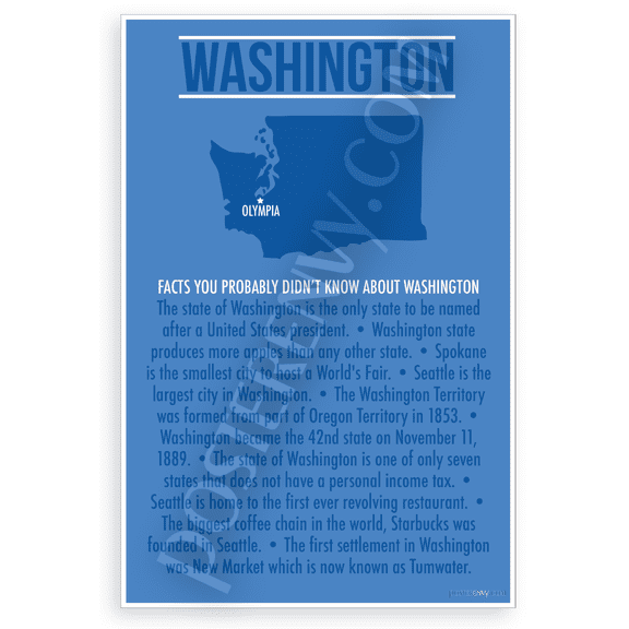 Washington State Fun Facts Map Educational 12x18 US Made Poster