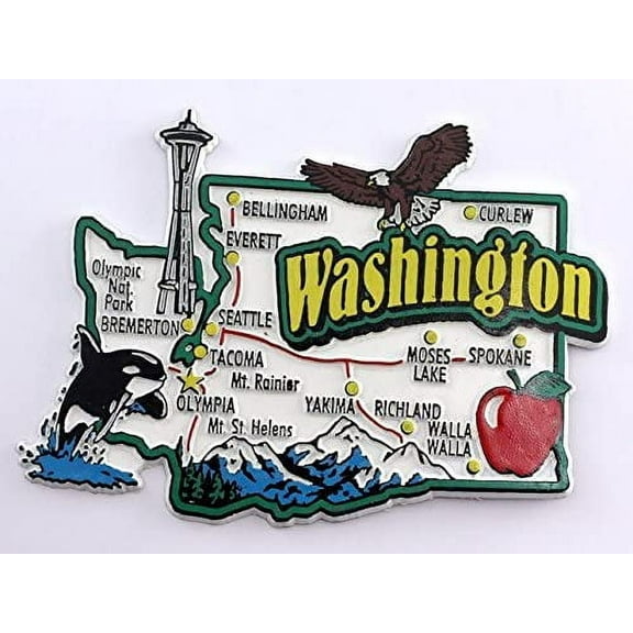 Washington State Map and Landmarks Collage Fridge Souvenir Collectible Magnet FMC