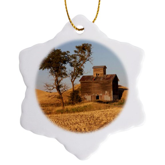 3drose, Washington State, Palouse. Colfax. Old Grain Silo and Barn., 3 inch Snowflake Porcelain Ornament