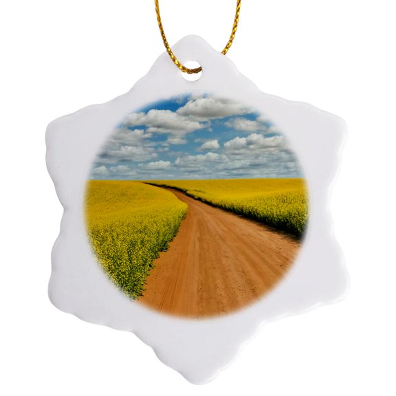 3drose, Washington State, Palouse. Roadway Through Canola Fields., 3 inch Snowflake Porcelain Ornament