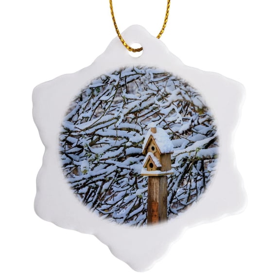 3drose, Washington State, Seabeck. Snow-covered Bird House and Tree Limbs., 3 inch Snowflake Porcelain Ornament