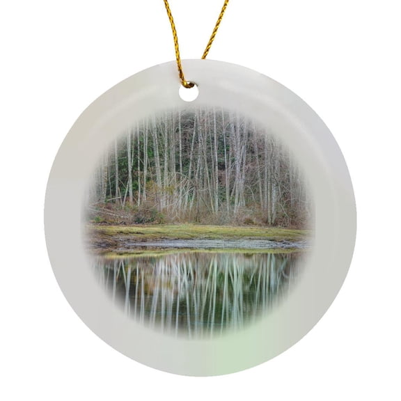 3drose, Washington State, Seabeck. Winter Alder Trees Reflect in Nicks Lagoon, Circle Porcelain Ornament