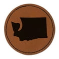thumbnail image 1 of Washington State Silhouette 2.5" Faux Leather Round Engraved Iron-On Patch - Brown, 1 of 6
