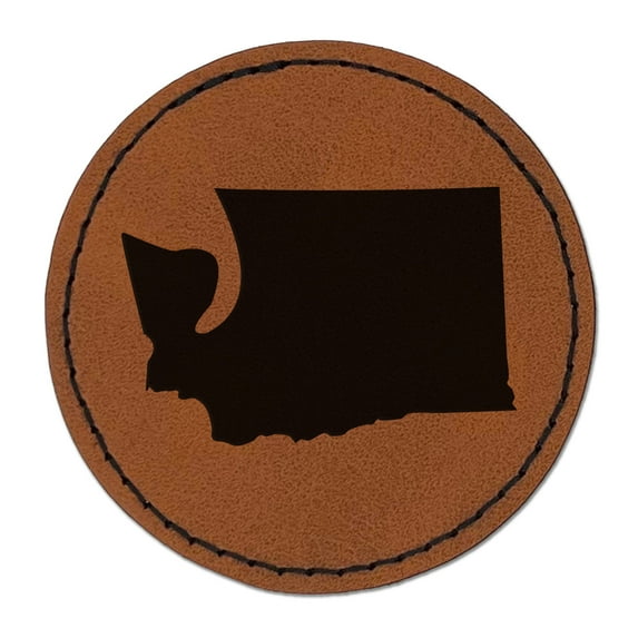 Washington State Silhouette 2.5" Faux Leather Round Engraved Iron-On Patch - Brown