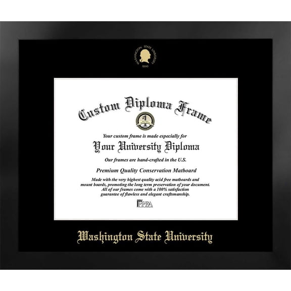 Washington State University 14w x 11h Manhattan Black Single Mat Gold Embossed Diploma Frame with Bonus Campus Images Lithograph (value savings at $59)