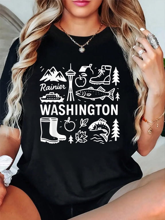 Washington USA State Symbols Vintage Souvenir Cute Doodle T-Shirt Graphic Tee summer Tops For Women Round Neck Fashion Cotton shirts