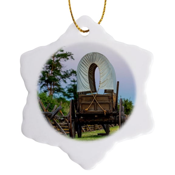 3drose, Washington, Walla Walla, Whitman Mission. Wagon Along the Oregon Trail, 3 inch Snowflake Porcelain Ornament