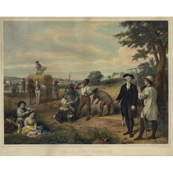 Washington standing among African-American field workers harvesting grain; Mt. Vernon in background. Poster Print (24 x 36)