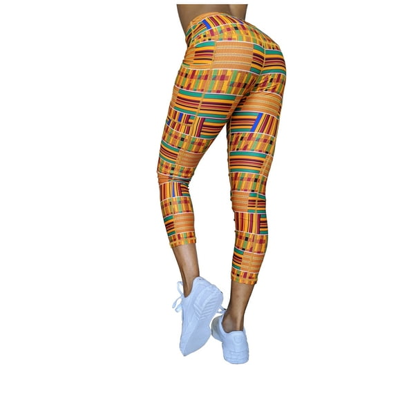 Washoge Esi Kente African Print Women's High Waist Yoga Tights / Pants Workout Leggings with Pockets (XS-2X)