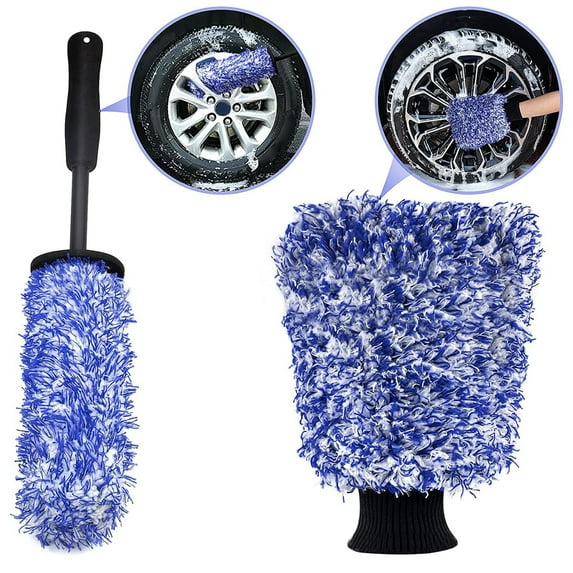 Washranp 2Pcs Professional Car Cleaning Care Kit with Soft Chenille Microfiber Wash Wheel Brush and Clean Glove,Tires All Types Removes Grime Dirt Easily,Blue