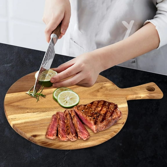 Washranp Acacia Wood Cutting Board with Handle,Wear-resistant Convenient Round Shape Chopping Paddle Cutting Board for Kitchen Carving Cutting
