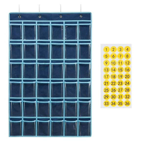 Washranp Classroom Pocket Chart Organizer,Clear 36 Pockets Cell Phone Calculator Storage Holder with 36 Number Stickers Hanging Wall Door Stationery Caddy