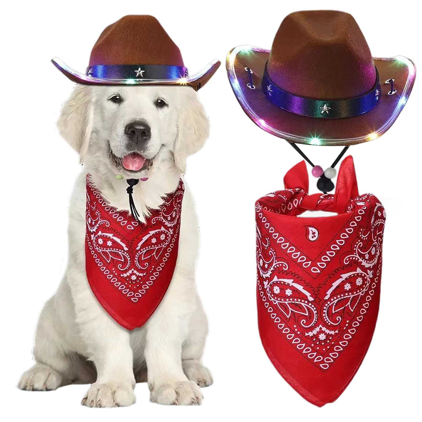 Washranp Dog Cowboy Costume Hat with Bandana Scarf,Halloween Costume Cat Cowboy Accessories LED