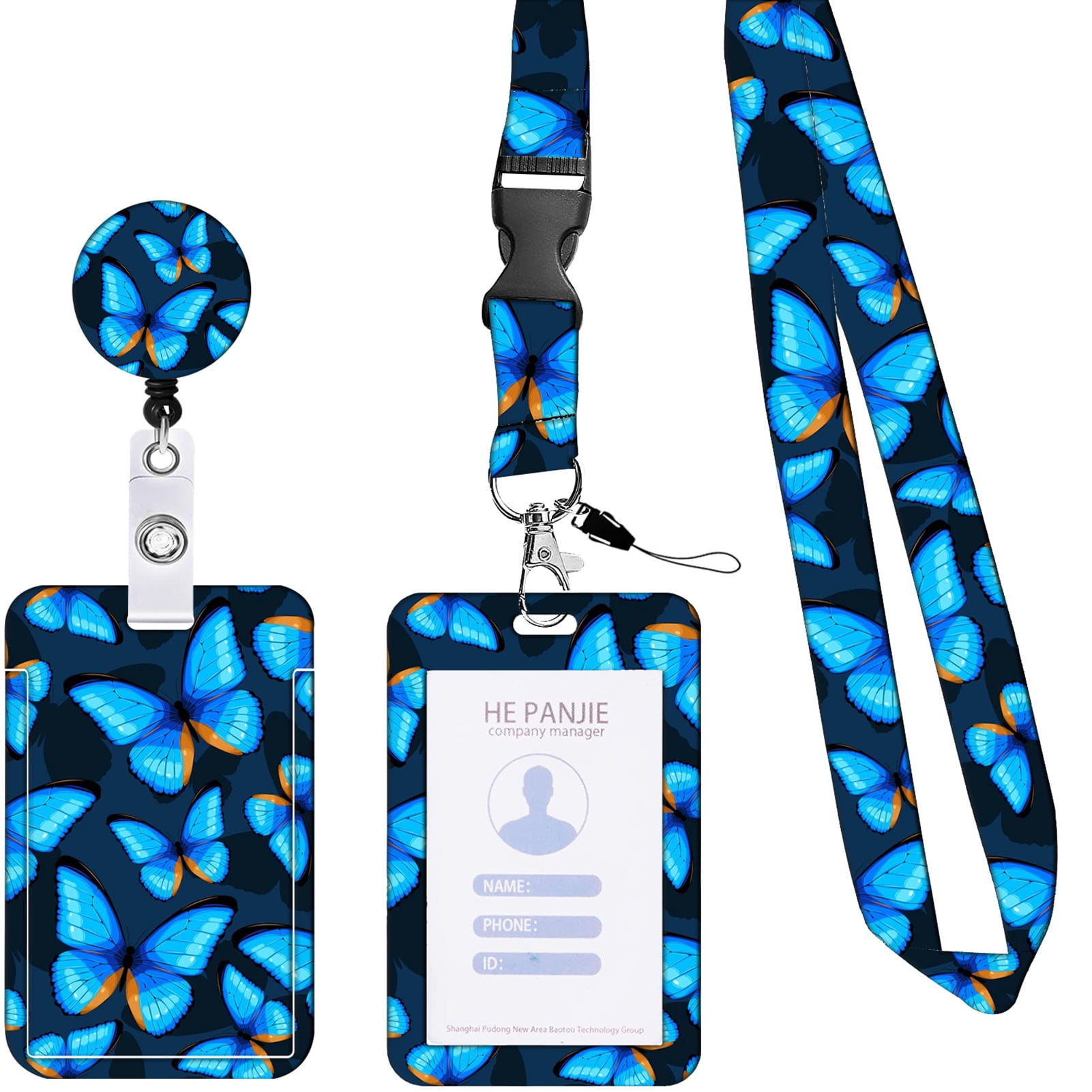 Washranp ID Badge Holder with Lanyard,Butterfly Print Retractable