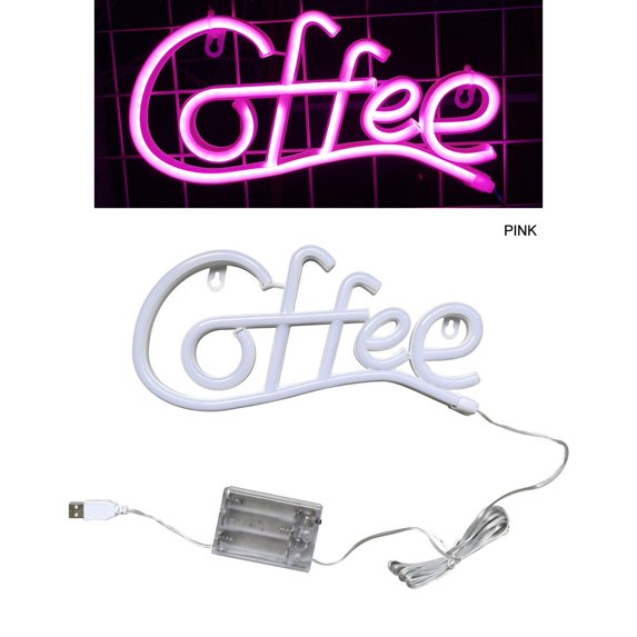 Washranp Neon Sign,Plastic Coffee Letter Shape LED Neon Light Battery-Powered for Coffee Bar Restaurant Wedding Wall Decor