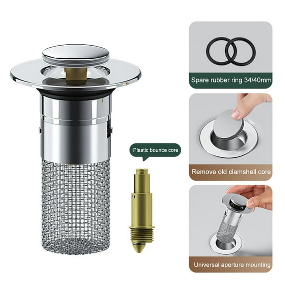 Washranp Sink Drain Stopper-Brass Core,Bathroom Sink Drain Strainer with Stainless Steel Filter Basket Hair Catcher Universal Sink Plug Replacement