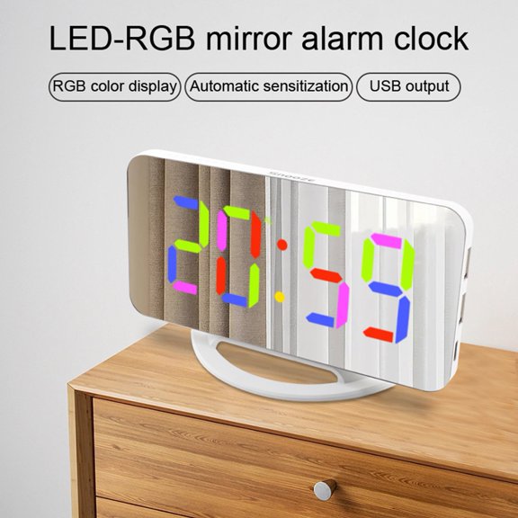 Washranp Smart Digital Alarm Clock,6.22Inch RGB Colour Large Display LED Mirror Electronic Clocks with USB Charging Ports for Bedroom Office