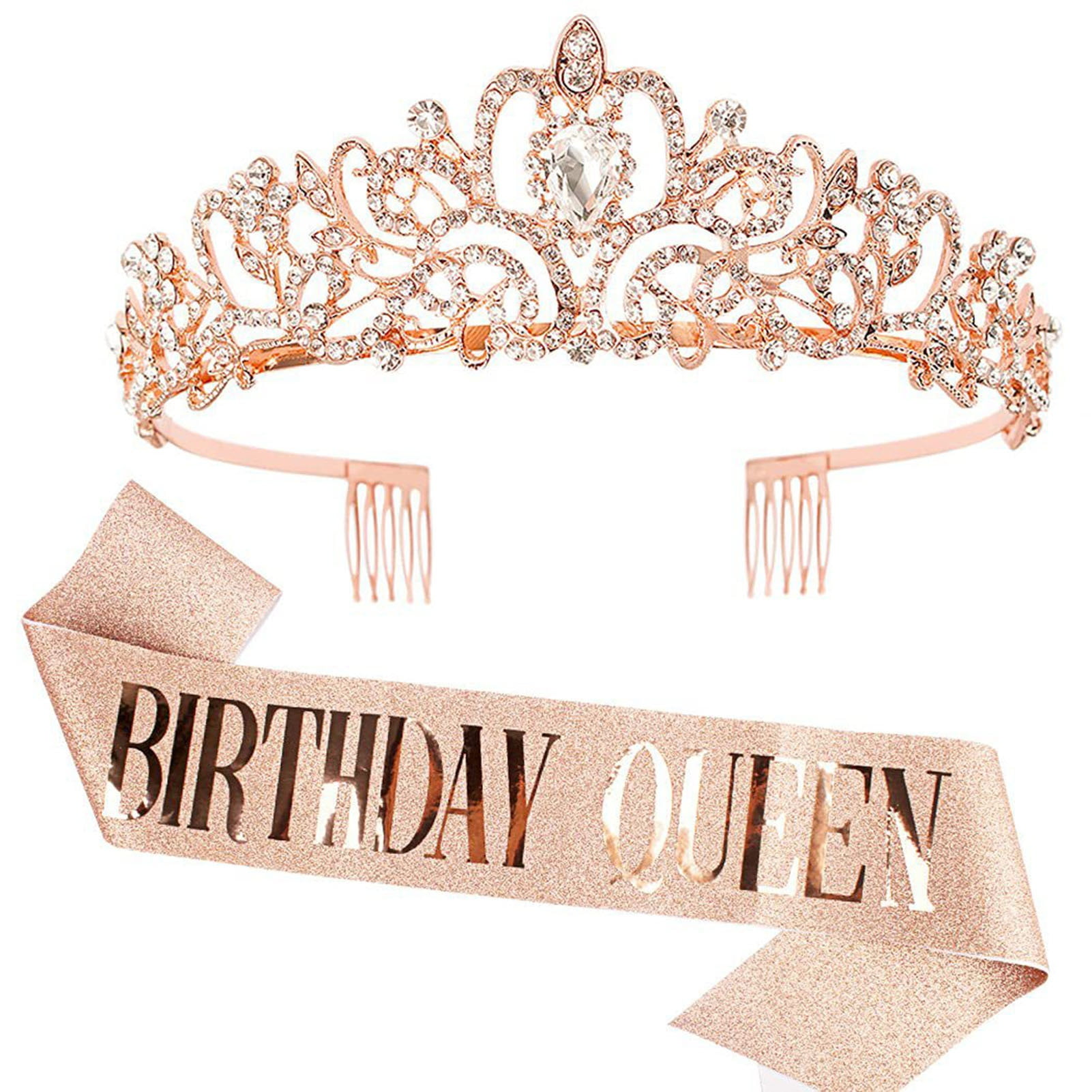 Washranp Women Birthday Crown and Sash Shiny Rhinestone Birthday Princess Crowns and with Comb for Birthday Party Decoration