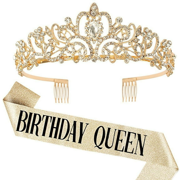 Washranp Women Birthday Crown and Sash,Shiny Rhinestone Birthday Princess Crowns and with Comb for Birthday Party Decoration
