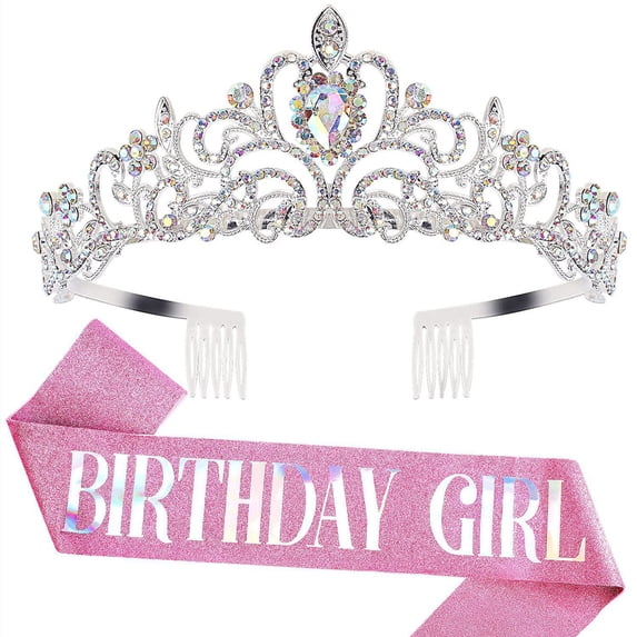 Washranp Women Birthday Crown and Sash,Shiny Rhinestone Birthday Princess Crowns and with Comb for Birthday Party Decoration